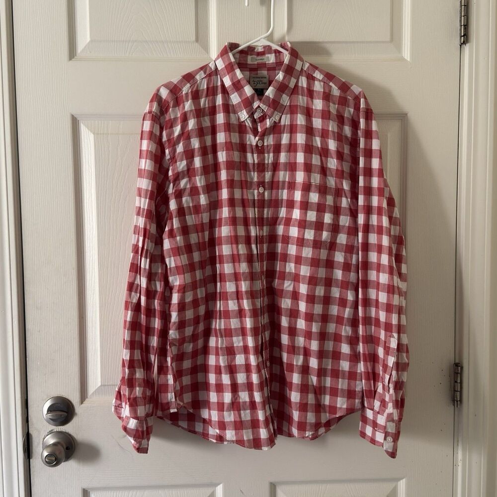 J Crew Shirt Mens Large Red White Gingham Check Classic Button Down Large L